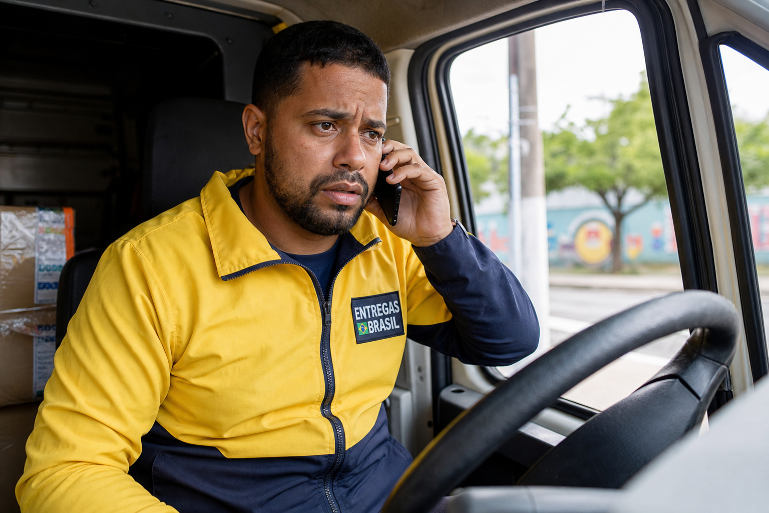 Motorista cobrando clientes pelo telefone